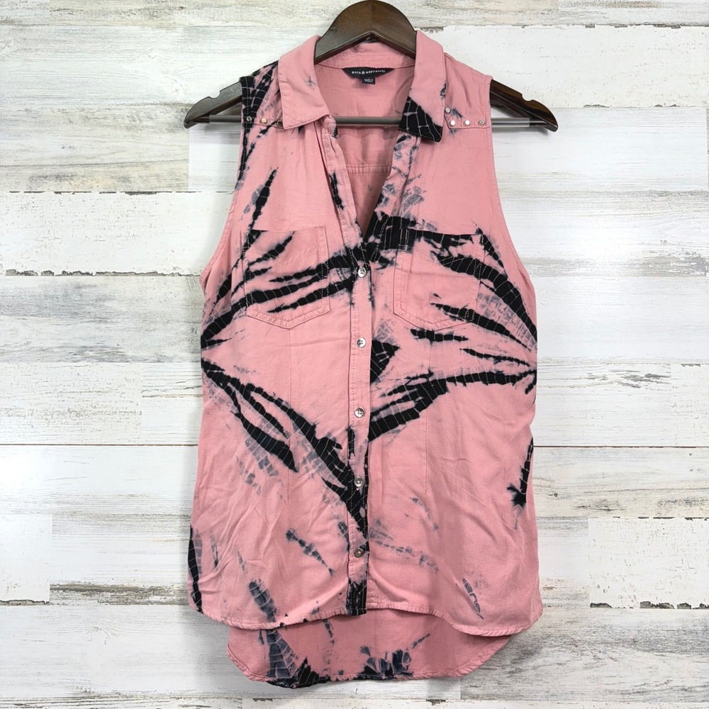 Rock & Republic Sleeveless‎ Button Down Women Small Pink Tie Dye Studded Grunge